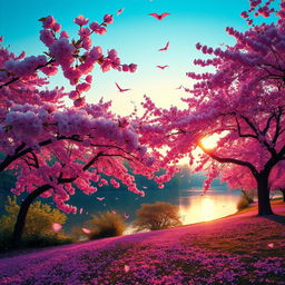 A serene landscape depicting the cycle of life with cherry blossom trees in full bloom, swirling gently in the spring breeze, petals falling gracefully to the ground