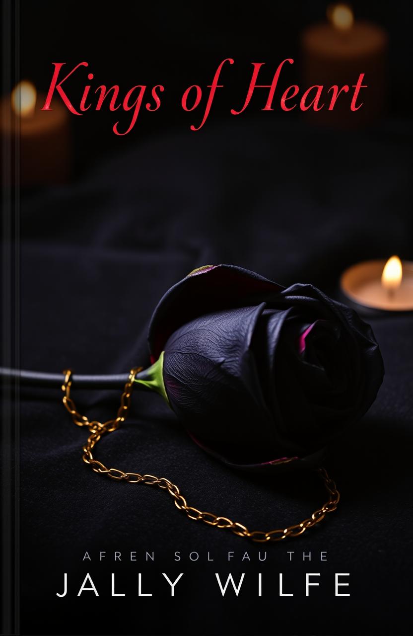 A dark, luxurious book cover featuring a black rose with subtle red undertones, resting on a textured, dark background that resembles velvet or worn leather