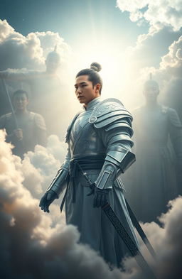 A 19-year-old Korean man dressed in shining white warrior armor, gazing away from the viewer