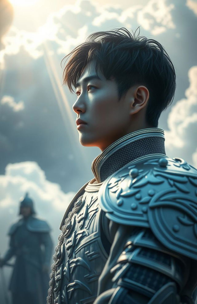 A 19-year-old Korean man dressed in shining white warrior armor, gazing away from the viewer