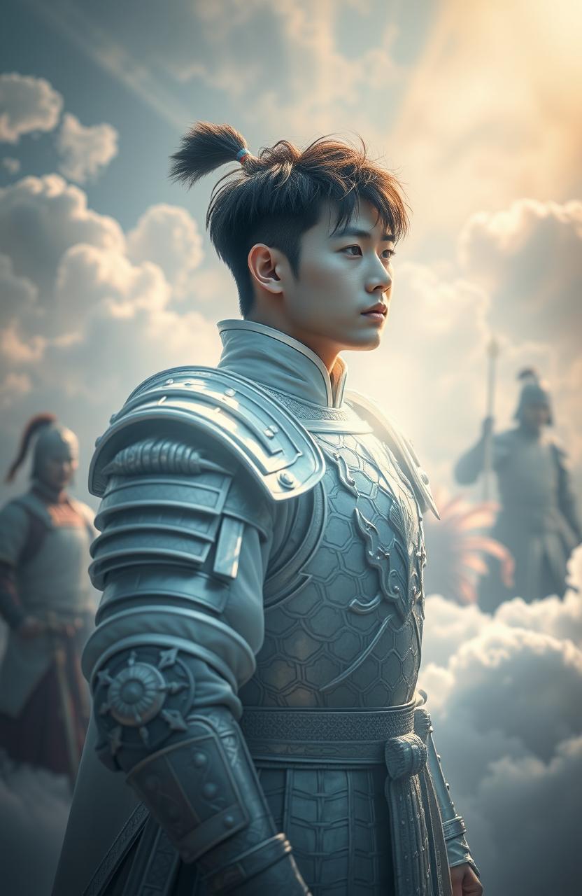 A 19-year-old Korean man dressed in shining white warrior armor, gazing away from the viewer