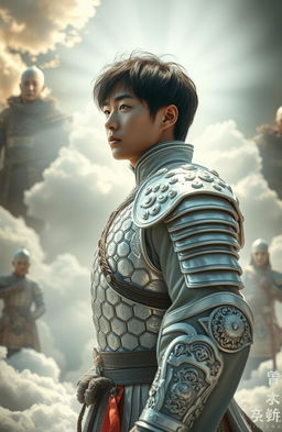 A 19-year-old Korean man dressed in shining white warrior armor, gazing away from the viewer