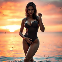 A captivating scene featuring a sensual woman in a wet look, with water glistening on her skin, showcasing her attractive features and curves