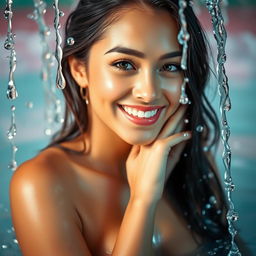 A mesmerizing scene featuring a gorgeous woman with a radiant smile, her skin glistening wetly, exuding confidence and allure