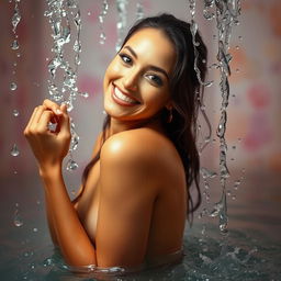A mesmerizing scene featuring a gorgeous woman with a radiant smile, her skin glistening wetly, exuding confidence and allure