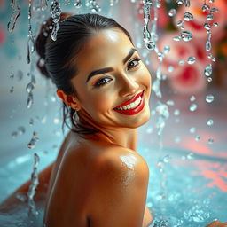 A mesmerizing scene featuring a gorgeous woman with a radiant smile, her skin glistening wetly, exuding confidence and allure