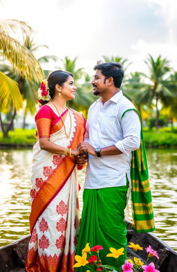 A romantic scene showcasing a Kerala couple in traditional attire, holding hands on a picturesque backwater setting