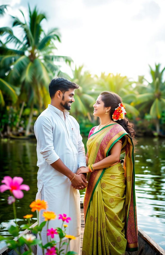 A romantic scene showcasing a Kerala couple in traditional attire, holding hands on a picturesque backwater setting