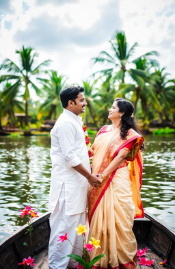 A romantic scene showcasing a Kerala couple in traditional attire, holding hands on a picturesque backwater setting