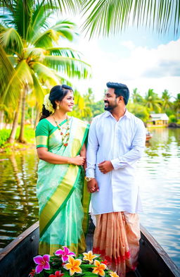 A romantic scene showcasing a Kerala couple in traditional attire, holding hands on a picturesque backwater setting