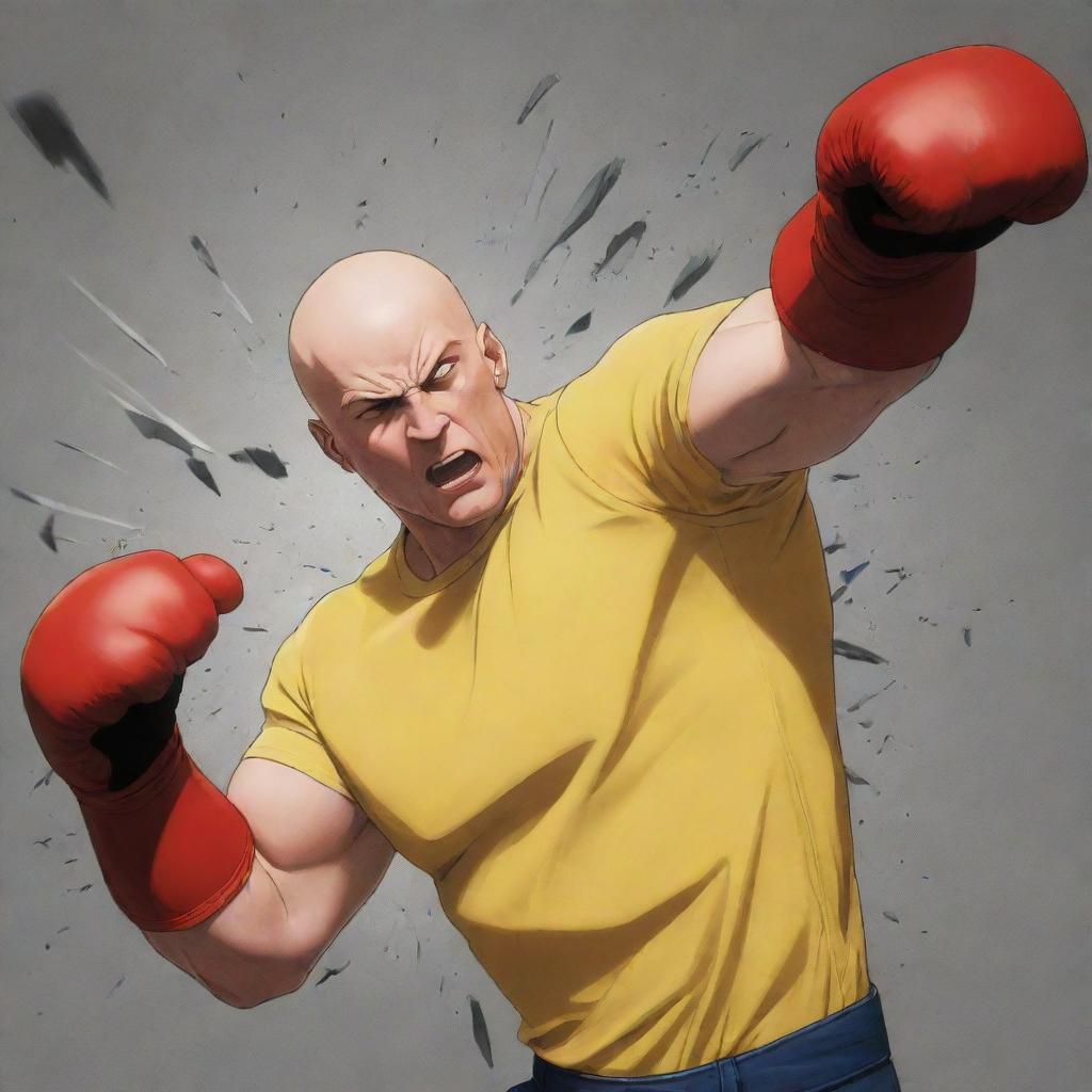 An anime-style illustration of a bald superhero in a fitted yellow shirt and red gloves. He's delivering a powerful punch to a wall, creating an emotionally intense scene, with debris flying and energy radiating from the impact.