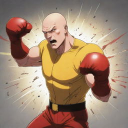 An anime-style illustration of a bald superhero in a fitted yellow shirt and red gloves. He's delivering a powerful punch to a wall, creating an emotionally intense scene, with debris flying and energy radiating from the impact.