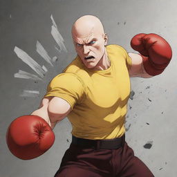 An anime-style illustration of a bald superhero in a fitted yellow shirt and red gloves. He's delivering a powerful punch to a wall, creating an emotionally intense scene, with debris flying and energy radiating from the impact.