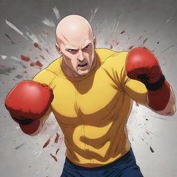 An anime-style illustration of a bald superhero in a fitted yellow shirt and red gloves. He's delivering a powerful punch to a wall, creating an emotionally intense scene, with debris flying and energy radiating from the impact.