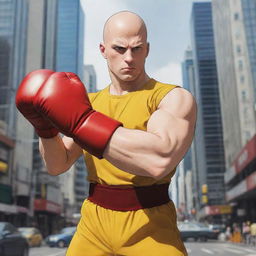 Anime style depiction of a bald superhero in his yellow shirt and red boxing glove standing confidently amidst a bustling city, radiating intense one punch power.