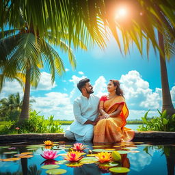 A romantic scene capturing a couple in love sitting beside a serene pond in Kerala
