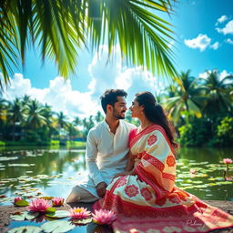 A romantic scene capturing a couple in love sitting beside a serene pond in Kerala