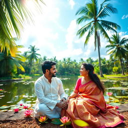 A romantic scene capturing a couple in love sitting beside a serene pond in Kerala