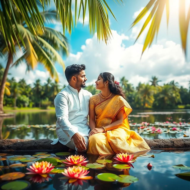 A romantic scene capturing a couple in love sitting beside a serene pond in Kerala