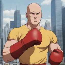 Anime style depiction of a bald superhero in his yellow shirt and red boxing glove standing confidently amidst a bustling city, radiating intense one punch power.