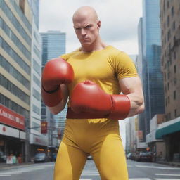 Anime style depiction of a bald superhero in his yellow shirt and red boxing glove standing confidently amidst a bustling city, radiating intense one punch power.