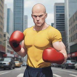 Anime style depiction of a bald superhero in his yellow shirt and red boxing glove standing confidently amidst a bustling city, radiating intense one punch power.