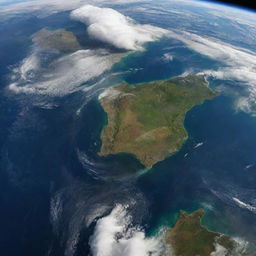 A detailed and realistic image of Earth from space with vibrant blues of the oceans, swirls of white clouds surrounding the green and brown landscapes.