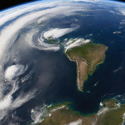 A detailed and realistic image of Earth from space with vibrant blues of the oceans, swirls of white clouds surrounding the green and brown landscapes.