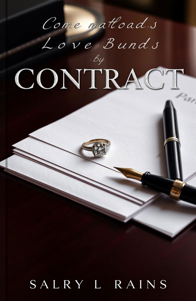 A sleek, sophisticated cover featuring an elegant engagement ring with a brilliant diamond resting atop a stack of polished contract papers on a dark mahogany desk