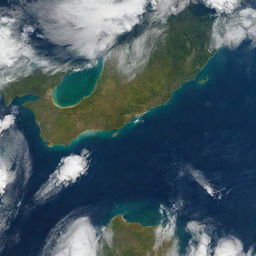 A detailed and realistic image of Earth from space with vibrant blues of the oceans, swirls of white clouds surrounding the green and brown landscapes.