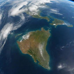 A detailed and realistic image of Earth from space with vibrant blues of the oceans, swirls of white clouds surrounding the green and brown landscapes.