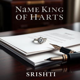 A sleek, sophisticated cover for 'Name King of Hearts' by Srishti featuring an elegant engagement ring with a brilliant diamond resting atop a stack of polished contract papers on a dark mahogany desk