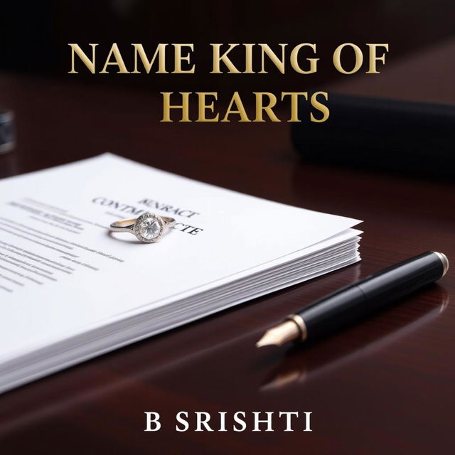 A sleek, sophisticated cover for 'Name King of Hearts' by Srishti featuring an elegant engagement ring with a brilliant diamond resting atop a stack of polished contract papers on a dark mahogany desk