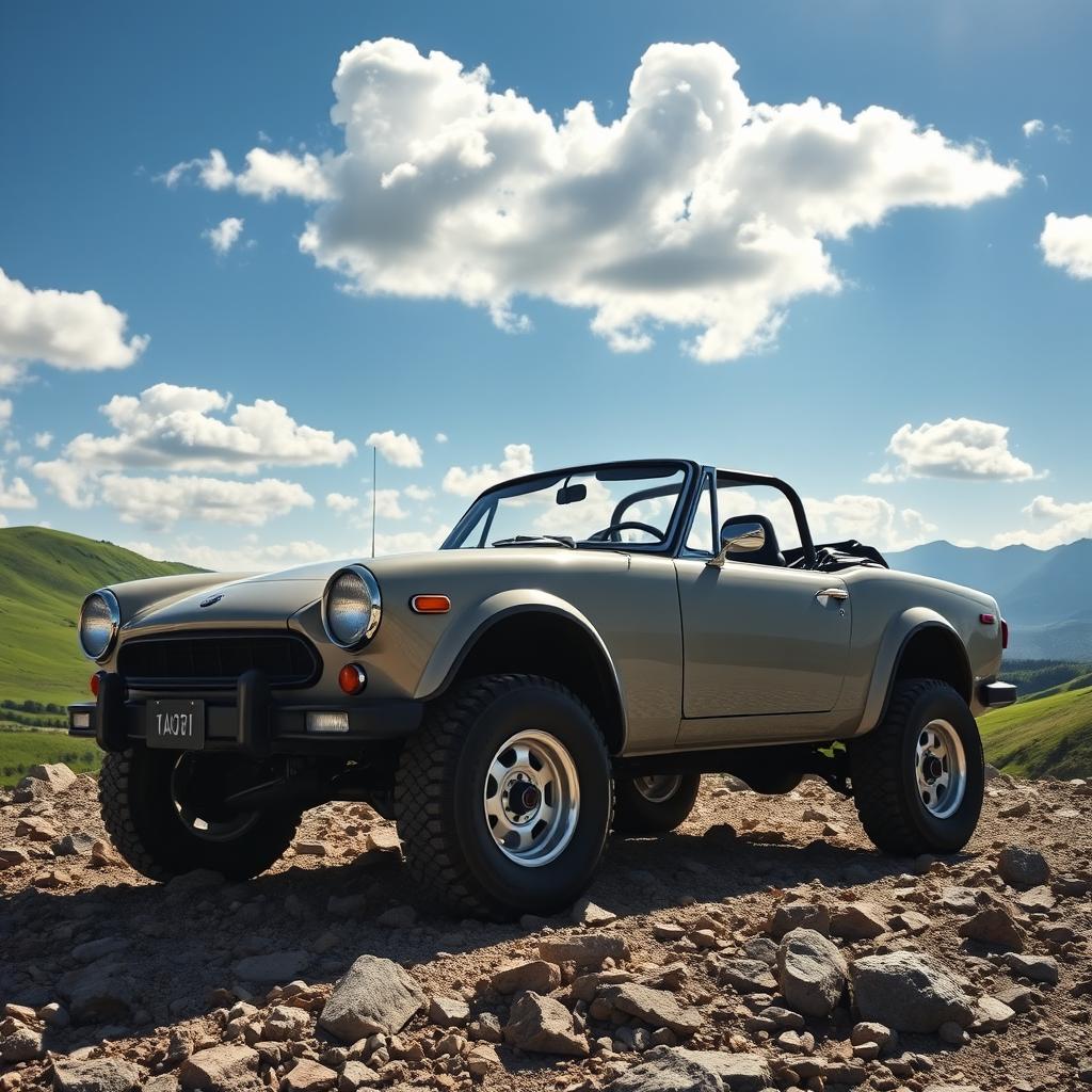 A Fiat 124 Spider 2000, customized for off-road adventures, with a rugged exterior, elevated suspension, and all-terrain tires