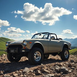 A Fiat 124 Spider 2000, customized for off-road adventures, with a rugged exterior, elevated suspension, and all-terrain tires