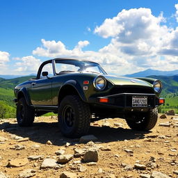 A Fiat 124 Spider 2000, customized for off-road adventures, with a rugged exterior, elevated suspension, and all-terrain tires