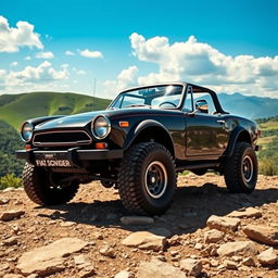 A Fiat 124 Spider 2000, customized for off-road adventures, with a rugged exterior, elevated suspension, and all-terrain tires