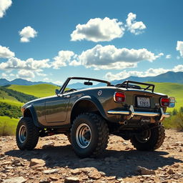 A Fiat 124 Spider 2000, customized for off-road adventures, with a rugged exterior, elevated suspension, and all-terrain tires