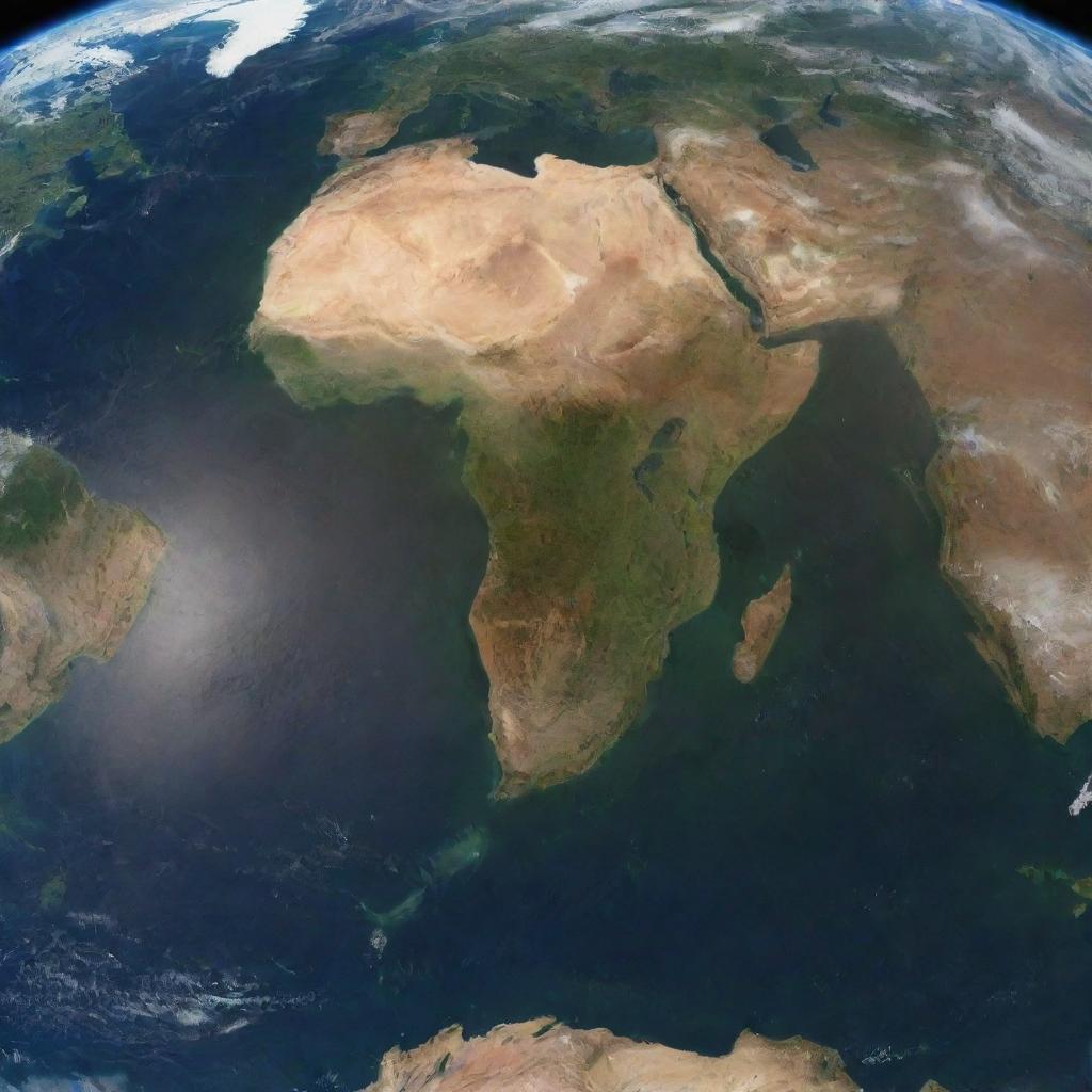 An image of Earth from space with all the continents appearing dried up and brown, the greens subdued, representing a planet-wide prolonged drought.