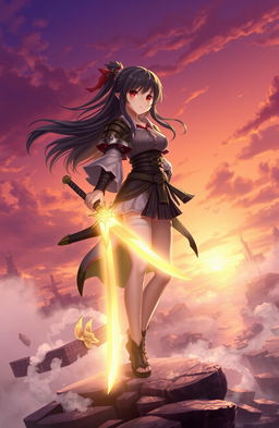 A fantasy landscape at dawn, featuring a character named Rin Sakurai, a young woman with flowing dark hair and an adventurous spirit