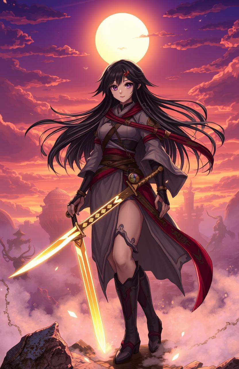 A fantasy landscape at dawn, featuring a character named Rin Sakurai, a young woman with flowing dark hair and an adventurous spirit