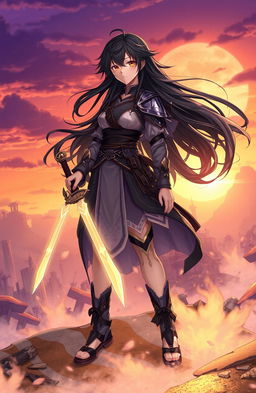 A fantasy landscape at dawn, featuring a character named Rin Sakurai, a young woman with flowing dark hair and an adventurous spirit