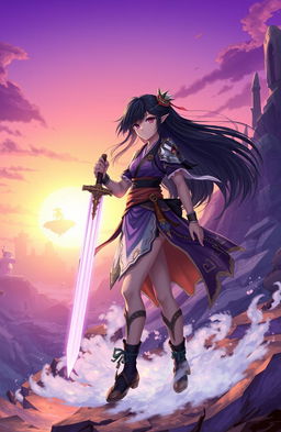 A fantasy landscape at dawn, featuring a character named Rin Sakurai, a young woman with flowing dark hair and an adventurous spirit