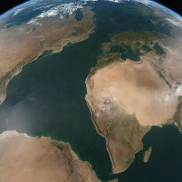 An image of Earth from space with all the continents appearing dried up and brown, the greens subdued, representing a planet-wide prolonged drought.