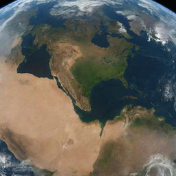 An image of Earth from space with all the continents appearing dried up and brown, the greens subdued, representing a planet-wide prolonged drought.