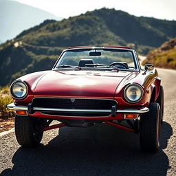 A Fiat 124 Spider 2000, featuring an elevated high suspension, striking a bold and adventurous appearance