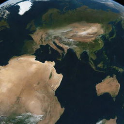 An image of Earth from space with all the continents appearing dried up and brown, the greens subdued, representing a planet-wide prolonged drought.