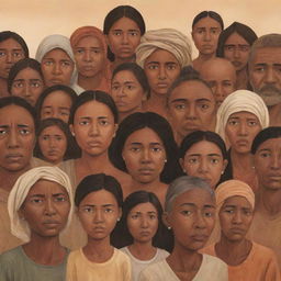 An illustration of multiple people from different cultures and backgrounds around the world, their faces full of tears and worry, representing their sorrow over the prolonged drought.