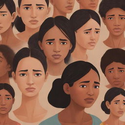 An illustration of multiple people from different cultures and backgrounds around the world, their faces full of tears and worry, representing their sorrow over the prolonged drought.