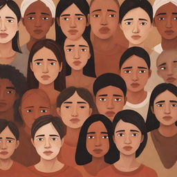 An illustration of multiple people from different cultures and backgrounds around the world, their faces full of tears and worry, representing their sorrow over the prolonged drought.